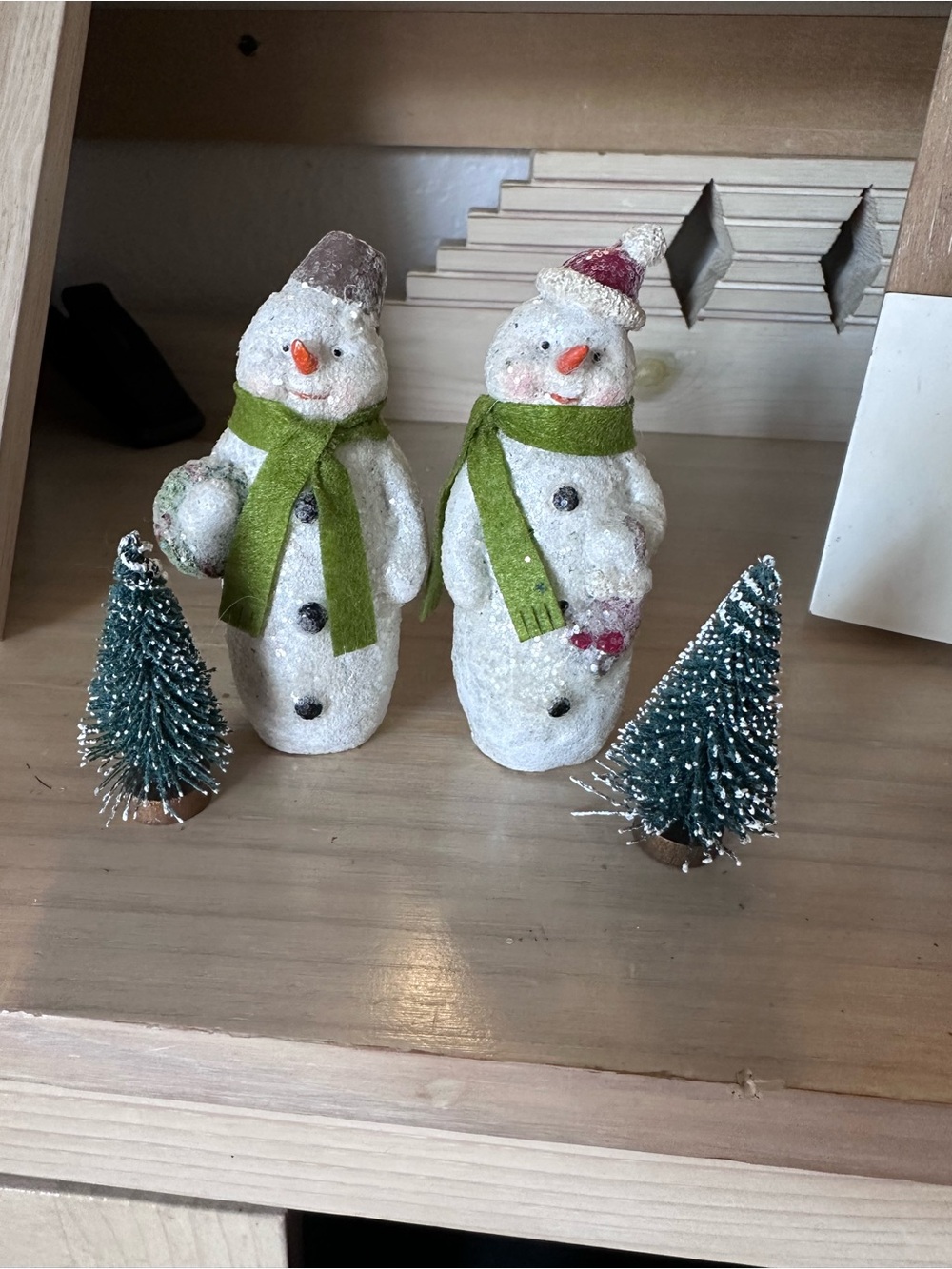 Vintage Holiday Snowman Figurine Set with Green Scarves - Unbranded